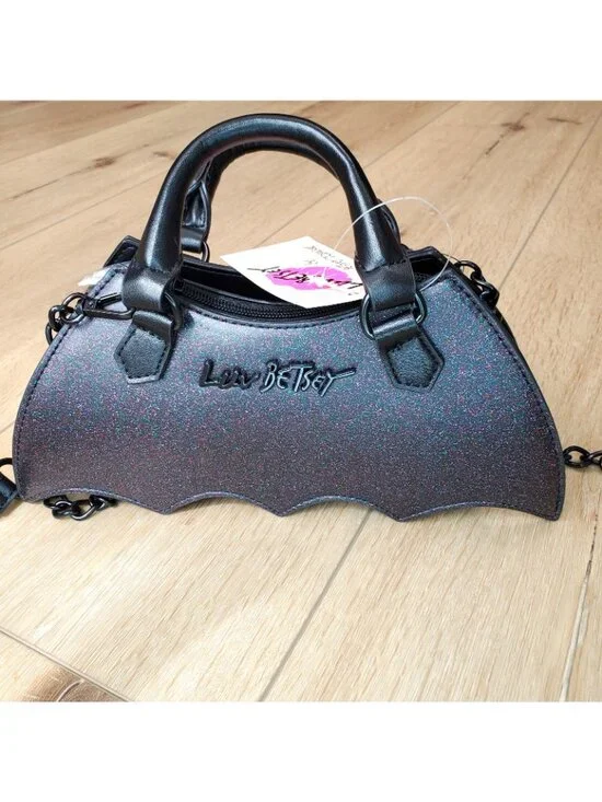 Luv Betsey Johnson Sparkle Bat Crossbody Black Bag Goth Witch Costume Halloween - Picture 2 of 12